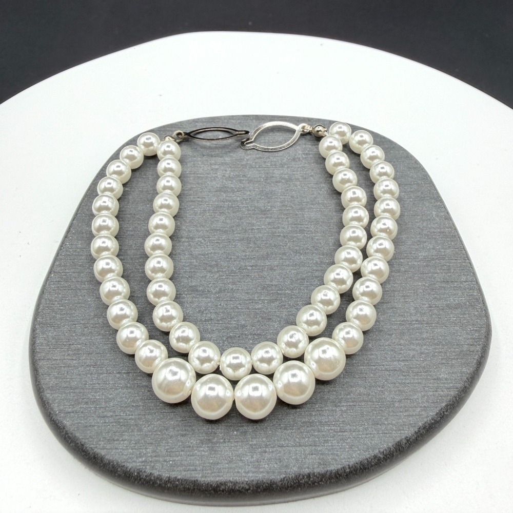 Double Strand Faux Pearl Necklace Graduated White Beads Statement Bridal Gift